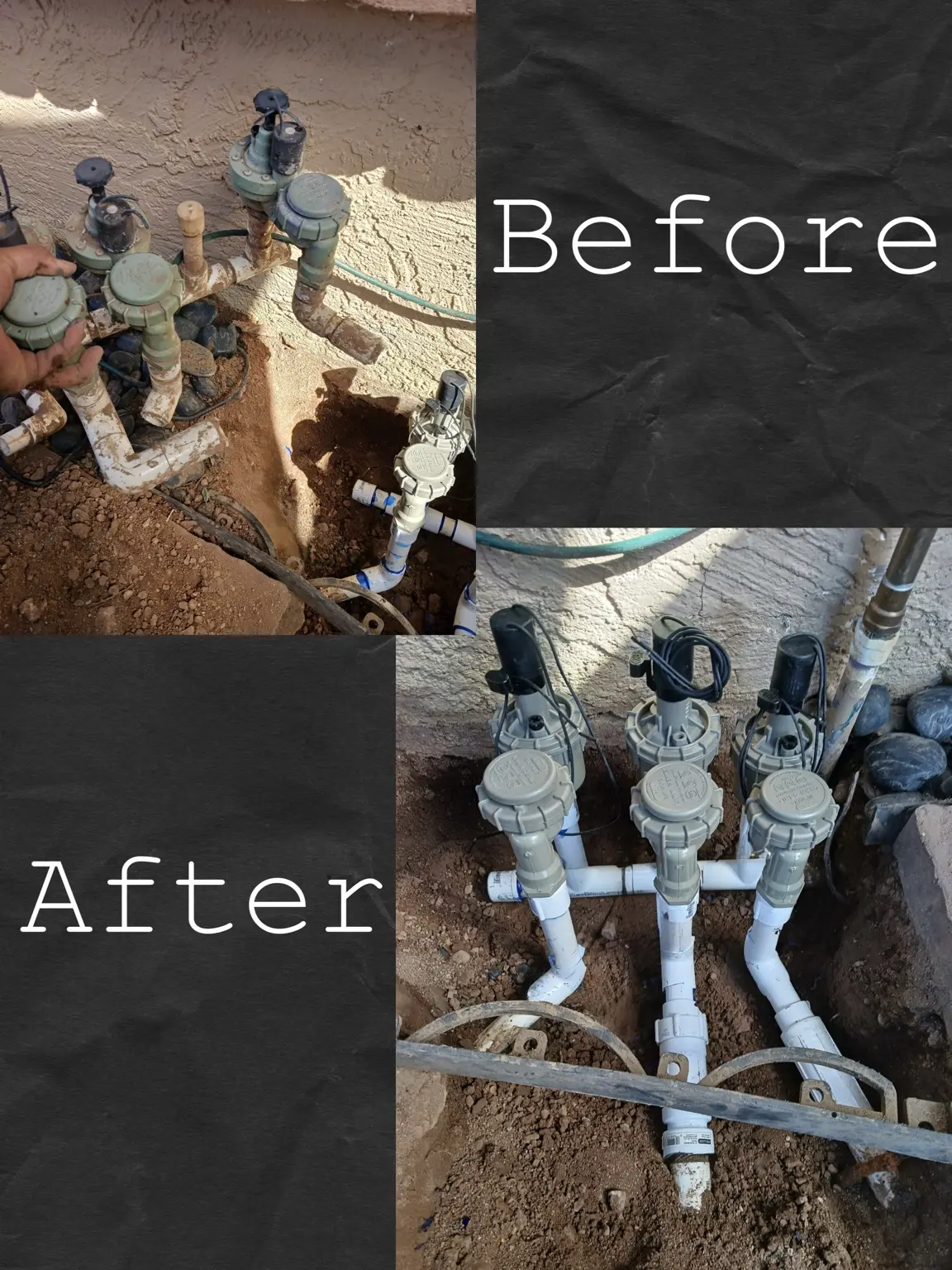 Before and after repair of a residential irrigation valve system