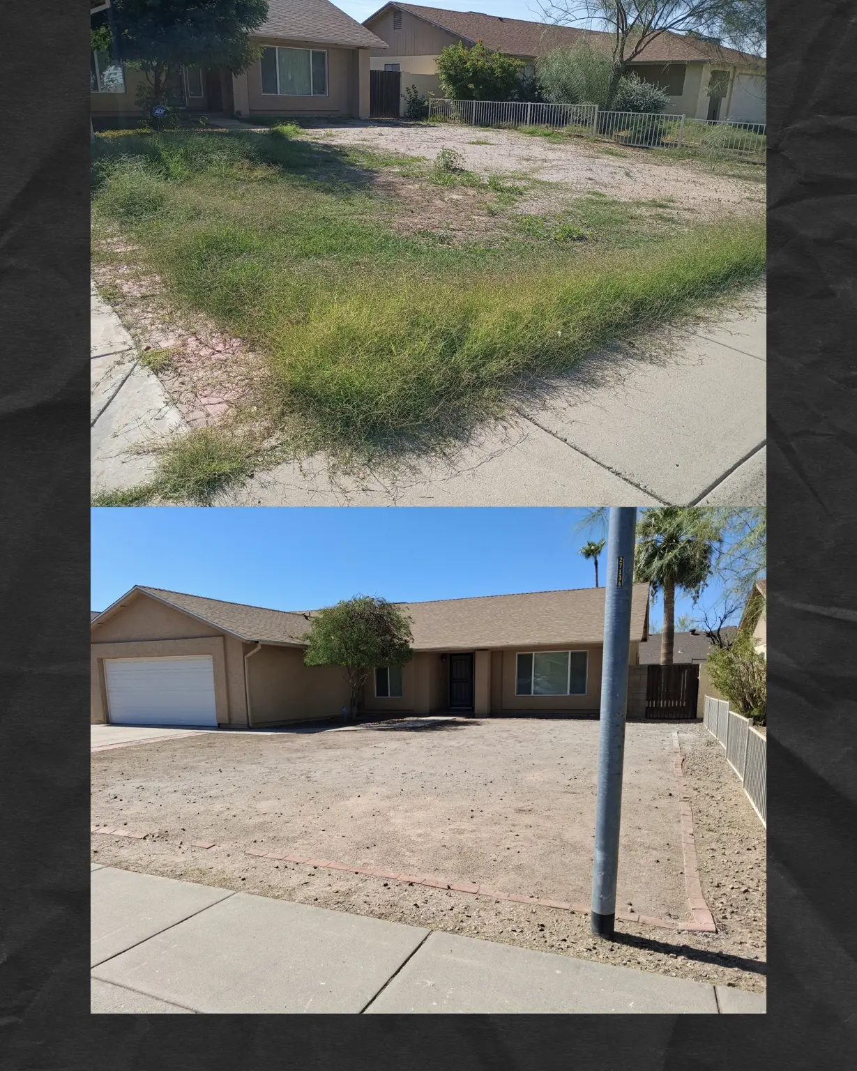 Before and after removal of weeds and overgrowth from a front yard