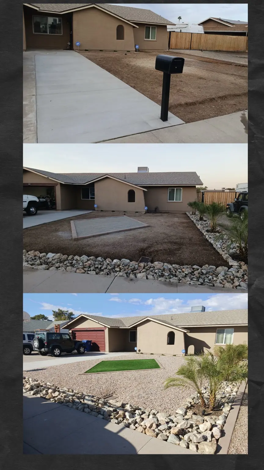Three-stage front yard transformation with decorative rock, palms and artificial turf